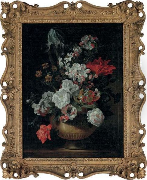 Tulips, Roses, Carnations, An Iris And Other Flowers In An Urn On A Stone Ledge Oil Painting by Pieter Casteels