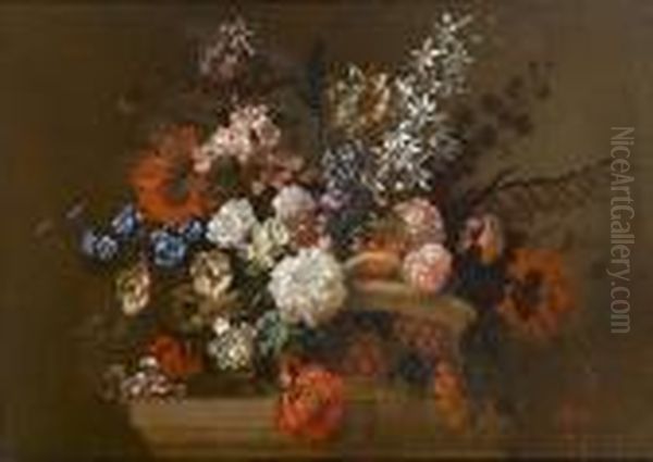 Chrysanthemums, Anemones, Roses,
 Poppies, Primroses And Other Flowers In A Basket On A Carved Stone 
Ledge Oil Painting by Pieter Casteels