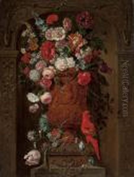 Roses, Carnations, Tulips, 
Narcissi And Other Flowers In A Gold Sculpted Urn In A Casement, With A 
Parrakeet Oil Painting by Pieter Casteels