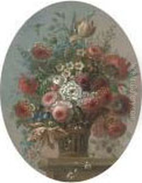 Roses, Tulips And Other Flowers In A Basket Oil Painting by Pieter Casteels