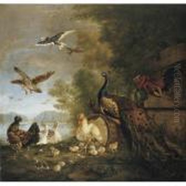 A Company Of Birds In A Parkland Setting, Including A Peacock, Hens And Their Chicks Oil Painting by Pieter Casteels
