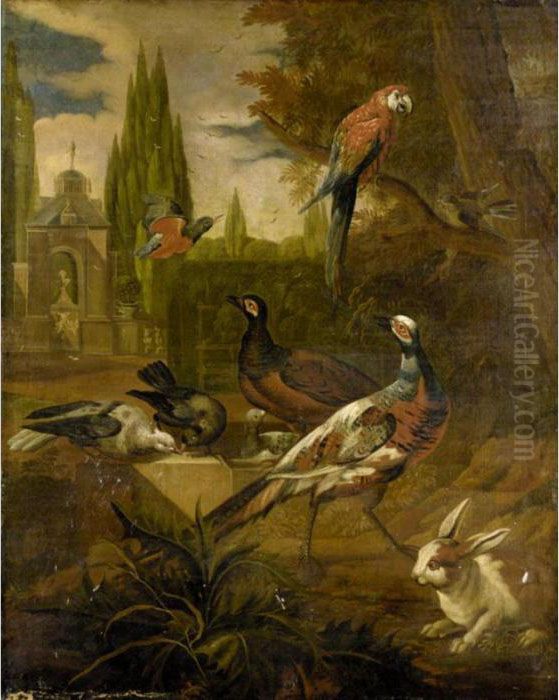 Still Life With Pheasants, 
Doves, A Parrot, A Kingfisher And A Rabbit In A Parkland Landscape Oil Painting by Pieter Casteels