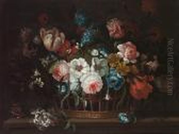Roses, Carnations, Peonies, 
Tulips, Morning Glory And Other Flowers In A Basket On A Ledge Oil Painting by Pieter Casteels