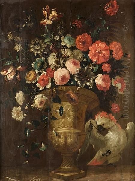 Tulips, Roses, Chrysanthemums, 
Morning Glory And Other Flowers In An Urn With A Cockatiel Tugging On A 
Flower Oil Painting by Pieter Casteels