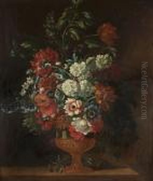 Tulips, Poppies, Delphiniums, 
Lilac And Other Flowers In A Gilt Mounted Ormolu Vase On A Wooden Ledge Oil Painting by Pieter Casteels