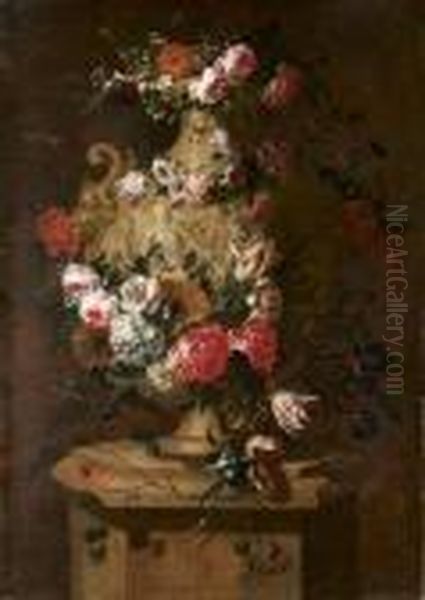 Grande Vaso A Figure Su Basamento Con Fiori Oil Painting by Pieter Casteels