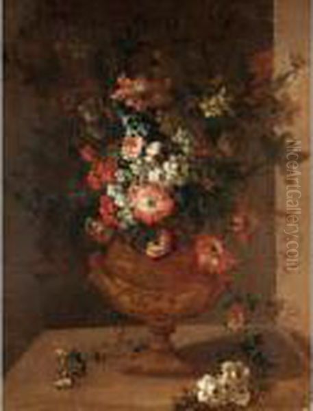 Still Life With Various Flowers In A Bronze Urn On A Stone Ledge Oil Painting by Pieter Casteels