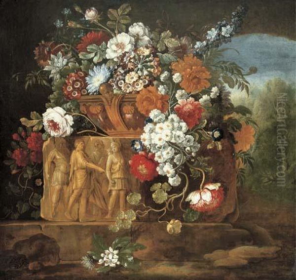 Roses, Peonies, Daisies And Other Flowers In A Sculpted Vaseresting On An Antique Frieze Oil Painting by Pieter Casteels