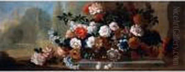 A Still Life Of Carnations, 
Roses And Other Flowers Loosely Arranged In A Basin, A Park Beyond Oil Painting by Pieter Casteels