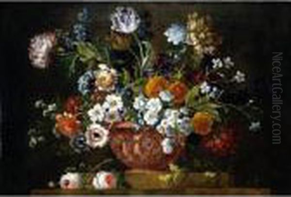 Still Life Of Roses, Variegated 
Tulips, Convolvuli, Peonies And Other Flowers In An Elaborate Terracotta
 Bowl, Resting On A Stone Socle Oil Painting by Pieter Casteels