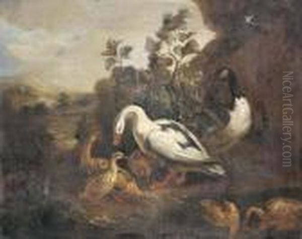 Ducks And A Goose In A Landscape Oil Painting by Pieter Casteels