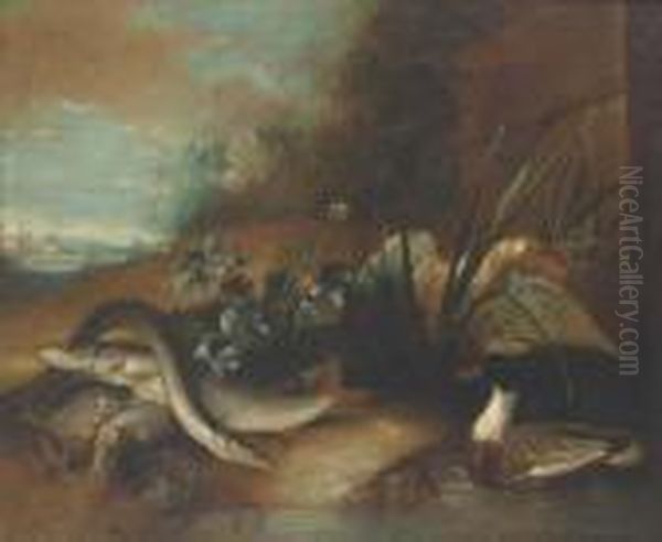 Dead Fish By A Pond With Ducks In A Wooded Clearing Oil Painting by Pieter Casteels