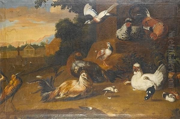 Chickens, Chicks And Snipe In A Landscape, A View To A County House Beyond Oil Painting by Pieter Casteels