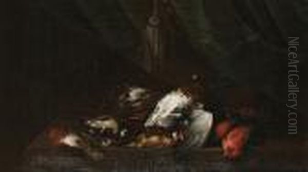 Still Life Of Songbirds On A Table Before A Curtain Oil Painting by Pieter Casteels