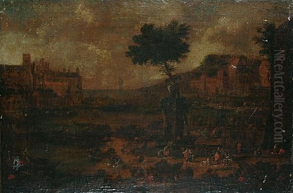 A Harbour Town With Elegant Figures Oil Painting by Pieter Casteels