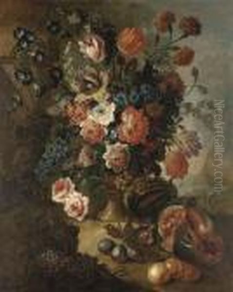 Tulips, Carnations, Peonies And 
Other Flowers In An Urn, Withplums, Peaches And A Watermelon In A 
Landscape Oil Painting by Pieter Casteels