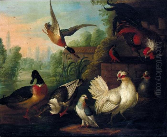 A Still Life With Chickens, Ducks, A Kingfisher And A Pigeon In A River Landscape Oil Painting by Pieter Casteels