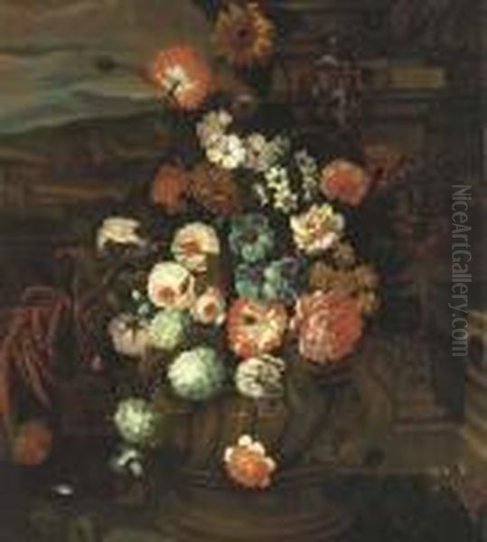 A Sunflower, Tulip, Narcissi, 
Peonies, Carnations And Other Flowers In An Urn, A Landscape Beyond Oil Painting by Pieter Casteels