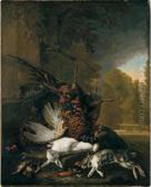 Still Life Of Pheasants, Rabbits, A Finch, Kingfisher And Sparrows(?) In A Landscape Oil Painting by Pieter Casteels