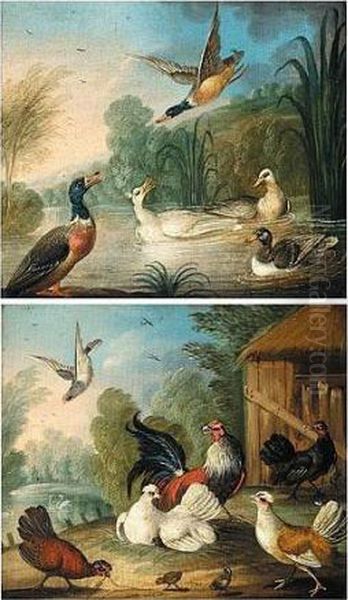 Pigeon, Hens And Their Young In A Farmyard Oil Painting by Pieter Casteels