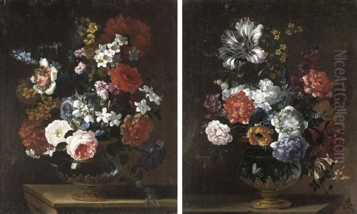 Roses, Anemones, Narcissi And Other Flowers In An Ormolu-mounted Oil Painting by Pieter Casteels