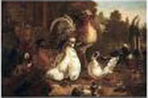 A Wooded Landscape With Bantams,
 Duck And Pigeon Watering A Pool In The Gounds Of A Villa Oil Painting by Pieter Casteels
