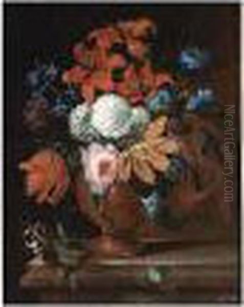 A Still Life With Roses, Tulips, Lilies And Other Flowers, All In A Oil Painting by Pieter Casteels