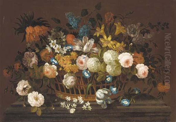 Lillies, Tulips, Roses, 
Hydrangea, Lilac, Chrysanthemums, And Other Flowers In A Basket, On A 
Marble Plinth Oil Painting by Pieter Casteels