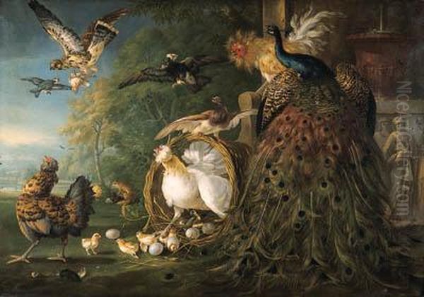 A Peacock, A Cockerel, A Hen 
With Her Chicks, A Kestrel With Itsprey And Other Birds, By A Bas-relief
 Sculpture, A Landscapebeyond
Signed And Dated 'pcasteels F/1729.' Oil Painting by Pieter Casteels