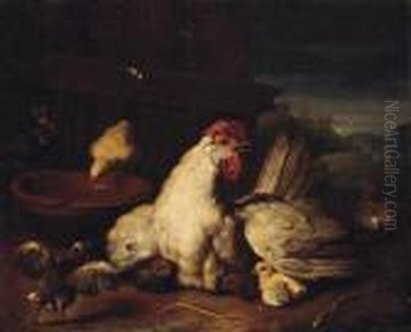 A Hen With Chicks In A Farmyard Oil Painting by Pieter Casteels