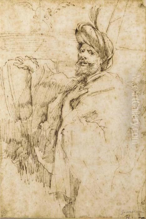 Portrait Of A Turbanned Man 
Holding A Book, With A Phoenix And A Pyramid In The Background: Possibly
 A Self-portrait Oil Painting by Giovanni Benedetto Castiglione