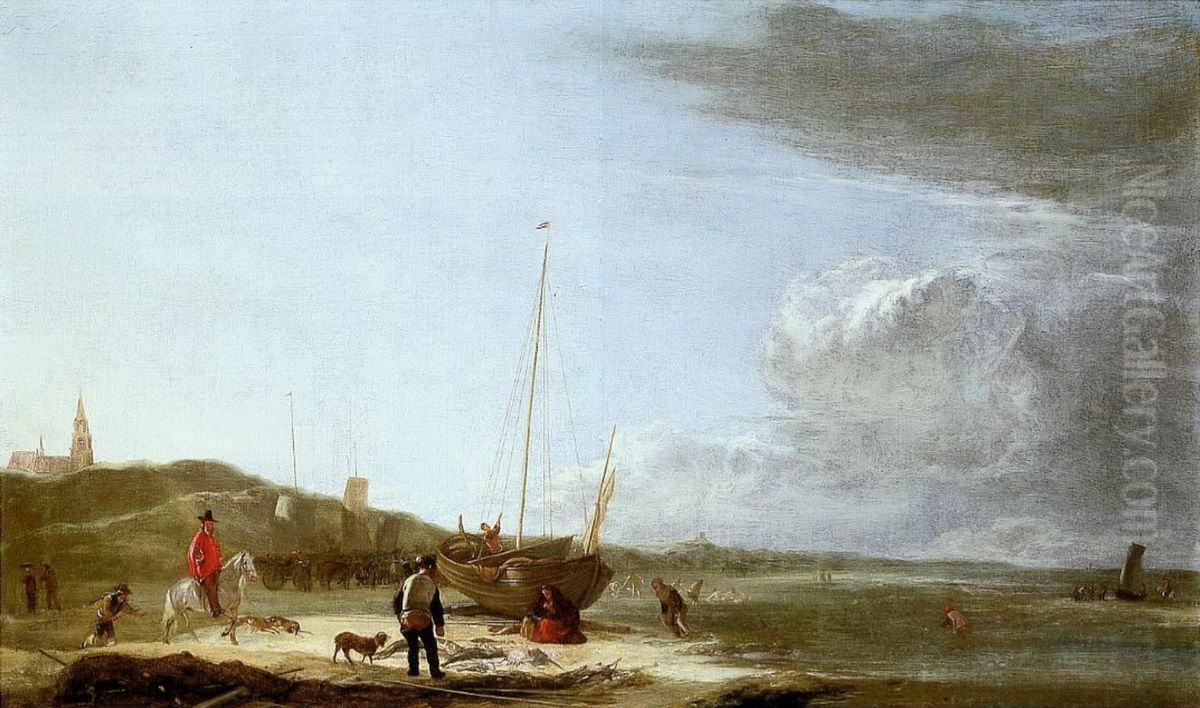 The beach at Scheveningen, with fisherfolk displaying their catch Oil Painting by Ludolf de Jongh