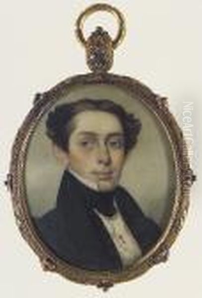 A Gentleman, Wearing Black Coat,
 Black Waistcoat With Red And Grey Floral Motif, White Chemise Held With
 Gold Stickpin And Tied Black Cravat. Oil Painting by George Catlin