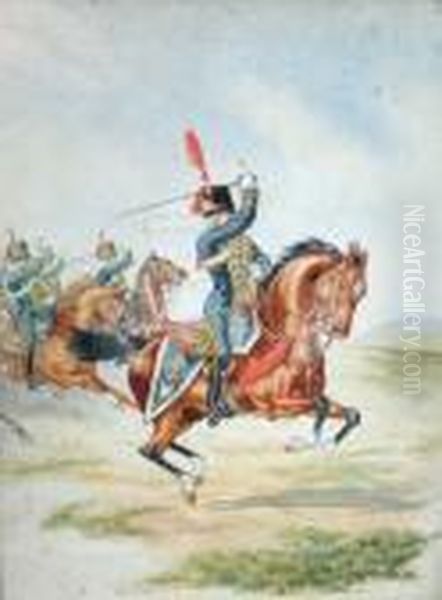 Ri -- The 15th Hussars On 
Horseback; Watercolour, Signed G Clarr*ys And Titled, 19x14cm Note: 
Known As The 15th Or The Kings Light Dragoons Oil Painting by George Cattermole