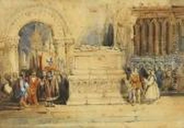 ] Medieval Figures By A Tomb In A Church Interior Oil Painting by George Cattermole