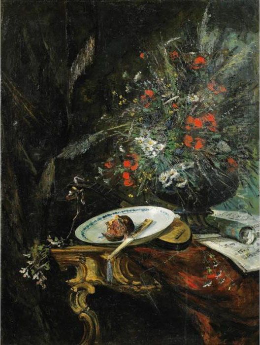 Nature Morte A La Grenade, A 
L'eventail Et A La Partition Carmen [ ; Still Life With A Pomegranate, A
 Fan And A Carmen Score ; Oil On Canvas, Signed; Also Trace Of Signature
 ... H.c... Lower Right] Oil Painting by Eugene Henri Cauchois