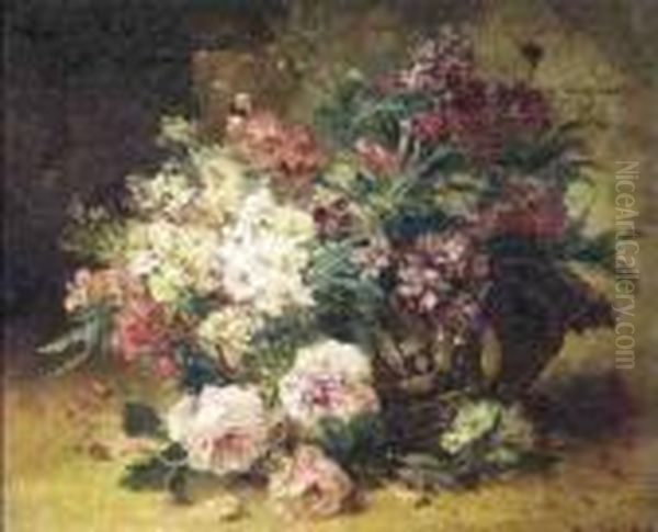 Summer Flowers In A Basket Oil Painting by Eugene Henri Cauchois
