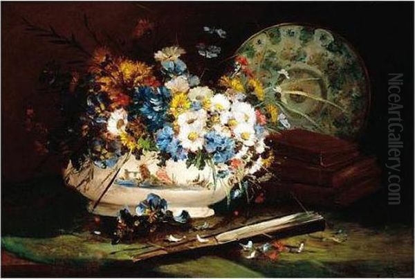 Eugene , Still Life Of Flowers, 
Books And Plate, Signed, Oil On Panel, 50 X 73 Cm.; 19 3/4 X 28 3/4 In Oil Painting by Eugene Henri Cauchois