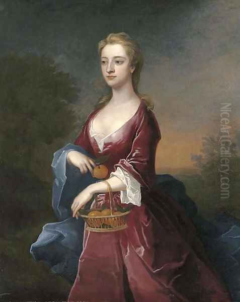 Portrait of the Hon. Mary Digby, three-quarter-length, in a maroon dress and blue wrap, holding a basket of oranges on her left arm Oil Painting by Charles Jervas