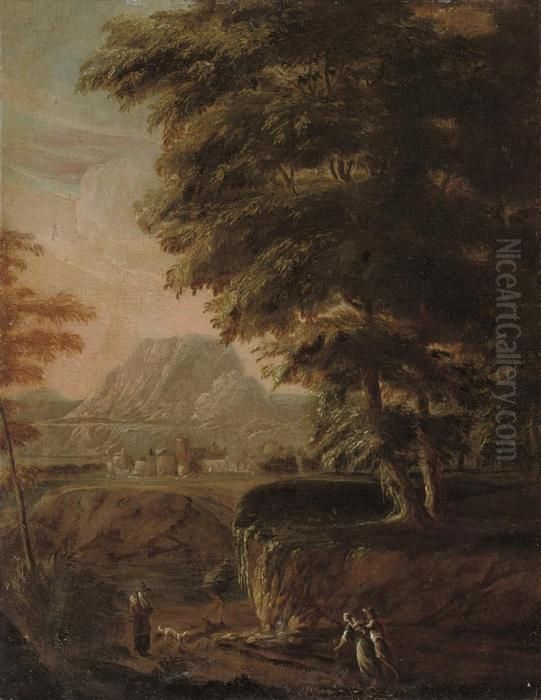 A Wooded River Landscape With Travellers On A Track, A Town Beyond Oil Painting by Pieter the Younger Mulier