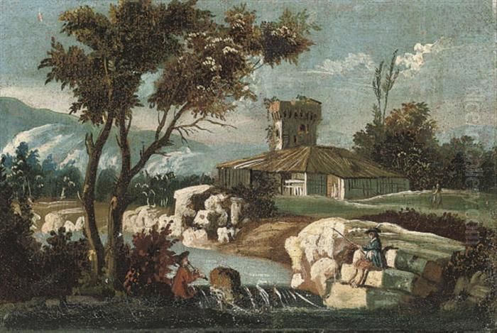 A Wooded River Landscape With 
Anglers And A House Beyond; And Awooded River Landscape With Travellers 
By A Bridge Oil Painting by Pieter the Younger Mulier