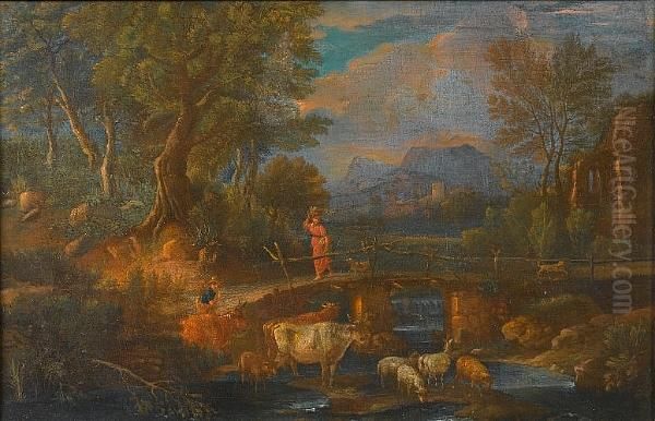 An Italianate Landscape With A 
Young Woman Crossing A Bridge And A Drover Watering His Cattle And Sheep
 At A Stream Oil Painting by Pieter the Younger Mulier