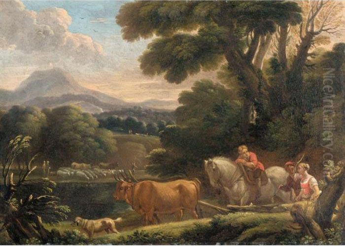 Italianate Landscape With Drovers And Their Animals Beside A River Oil Painting by Pieter the Younger Mulier