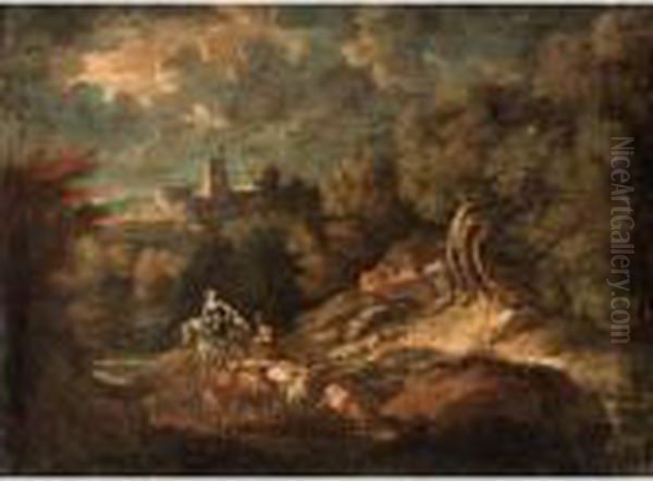 Italianate Landscape With A 
Drover And Their Animals Beside A River, A Hill Top Town Beyond Oil Painting by Pieter the Younger Mulier