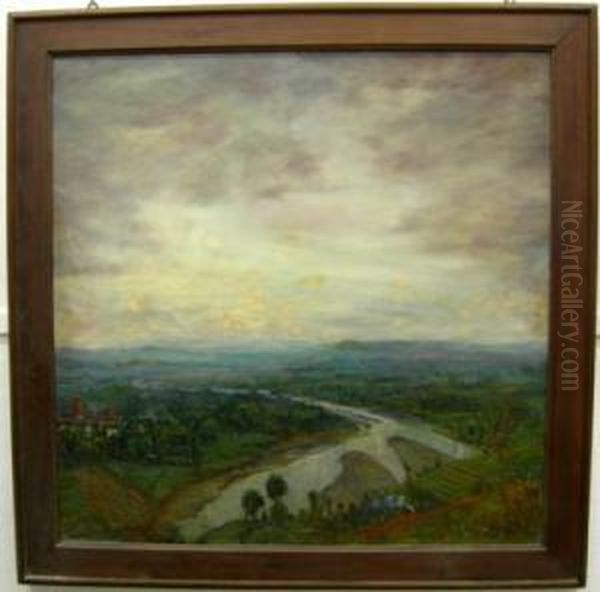 ''il Tanaro Dalle Rocche Di 
Barbaresco, A Sinistra La Citta' Dialba, In Fondo Il Promontorio Di 
Santa Vittoria''. Oil Painting by Vittorio Cavalleri