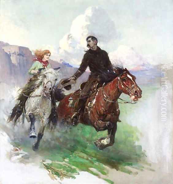 Riding Hard with Two Shooters Oil Painting by Frank Johnson