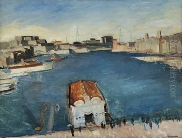 Vue Du Port De Marseille Avec Le Pont Transbordeur Oil Painting by Edmond Ceria