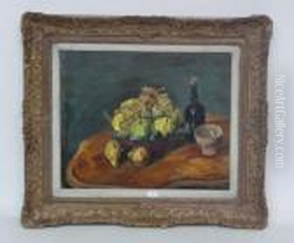 Nature Morte Au Panier De Fruits Et A La Bouteille Sur Un Gueridon Oil Painting by Edmond Ceria