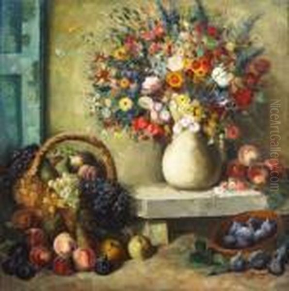 Vase De Fleurs Et Corbeille De Fruits Sur Entablement Oil Painting by Edmond Ceria