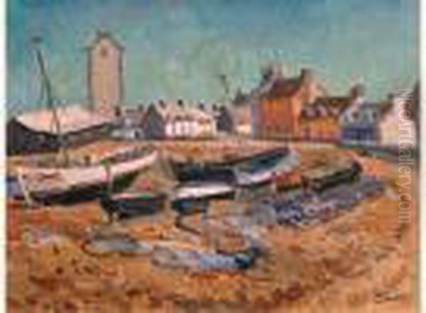  Voiliers Et Barques Echoues Sur La Plage  Oil Painting by Edmond Ceria